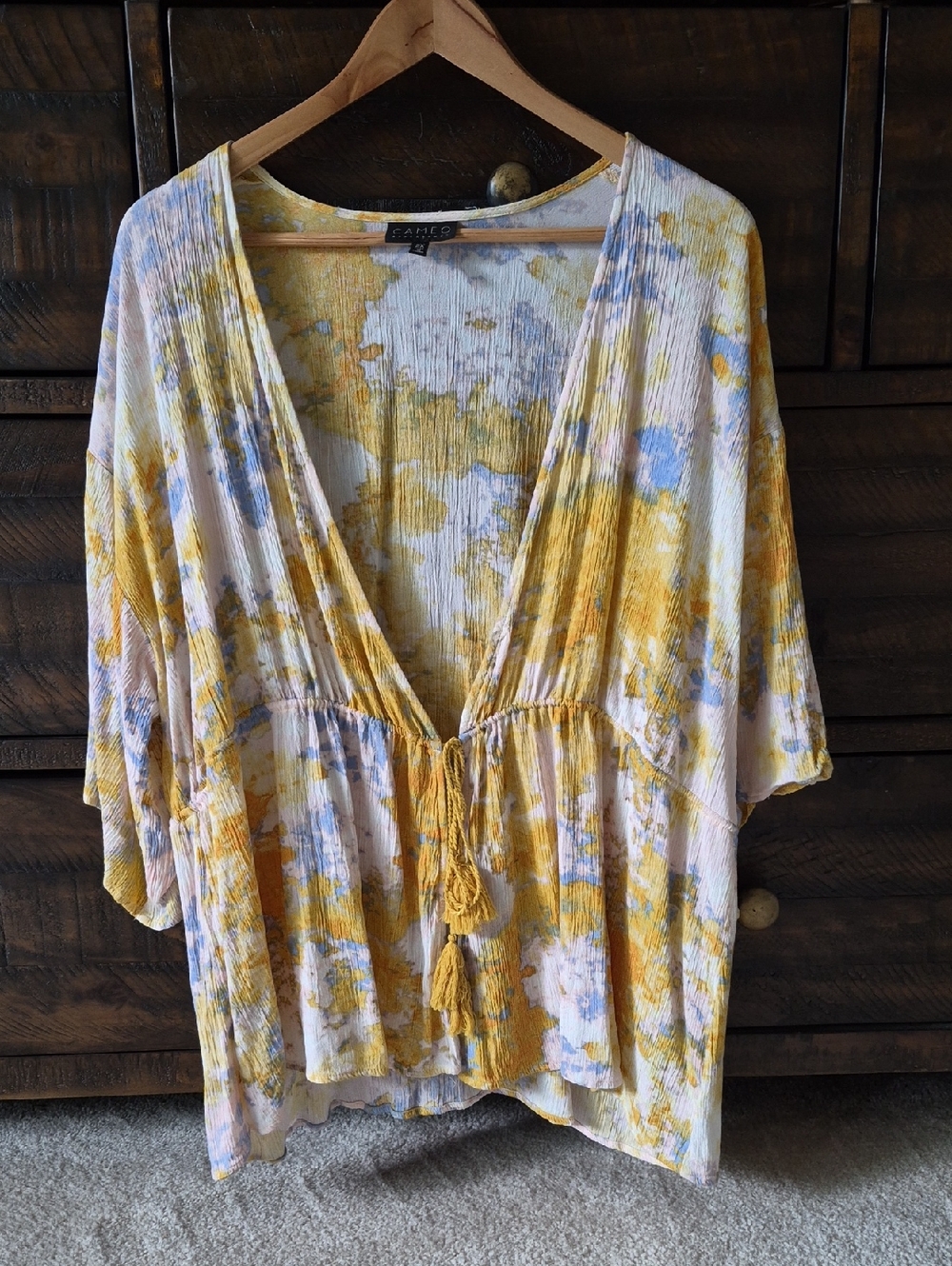 Cameo Yellow and Light Blue Tie-Front V-Neck Tunic with Tie 2X